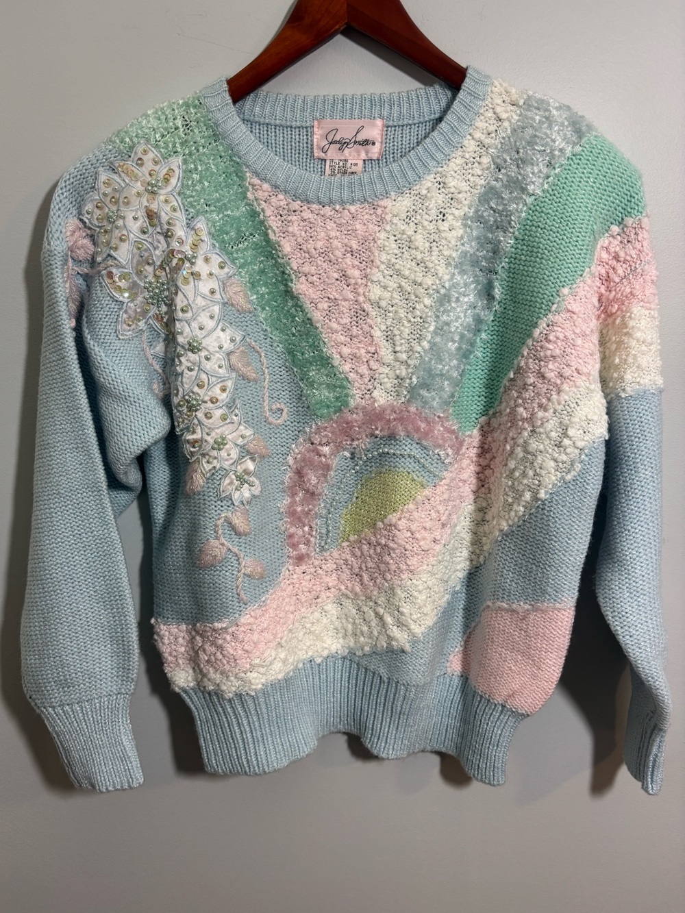 Vintage Jaclyn Smith Faux Pearl Beaded Sweater Embellished Aqua Mint Green M